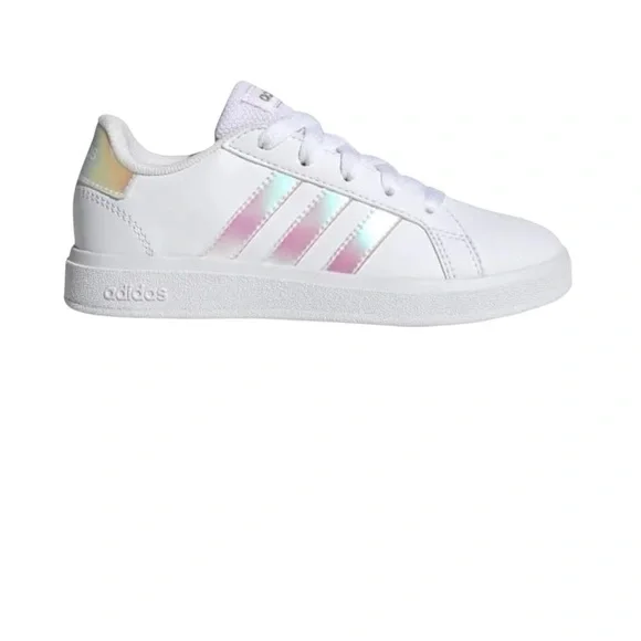 Adidas Grand Court 2.0 White Iridescent Kids Sneakers Size 2 Unisex Tennis Shoes - Picture 6 of 7